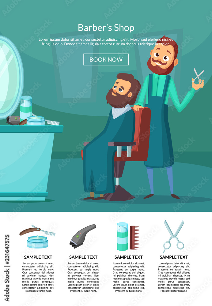 Canvas Prints vector landing page illustration with barber doing a haircut to a client insalonwith table and mirro