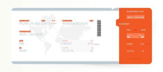 Airline Boarding Pass with World Map. Template ticket for traveling on plane for flight. Flat Vector illustration EPS10