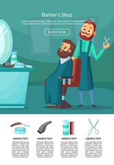 Vector landing page illustration with barber doing a haircut to a client insalonwith table and mirror. Barbershop interior, hairstyle salon