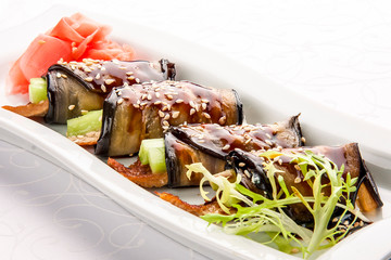 Appetizer with aubergine and eel