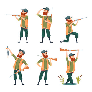 Cartoon hunters. Various characters of hunters at action poses. Hunter character with gun rifle, male with shotgun illustration