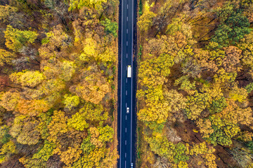 Aerial view of road in beautiful autumn forest. Beautiful landscape with rural road, two white cars, trees with red and orange leaves. Highway through the park. Top view from flying drone. serval car