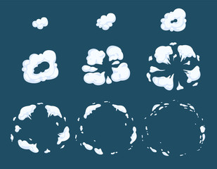 Explode animation. Smoke steam dust or smoke bomb exploding cartoon vector effects. Smoke explosion, explode illustration motion cloud illustration