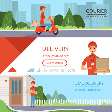 Pizza delivery banners. Fast food courier order moving mail shipping containers industry horizontal vector pictures for web. Illustration of pizza courier delivery, fast service banner