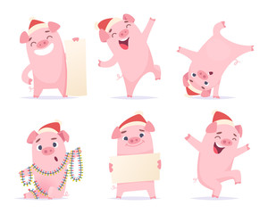 New year cartoon pig. Funny 2019 cute characters boar hog piglet mascot vector illustrations isolated. Celebration happy pig, piggy holding banner
