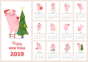 2019 calendar template. New year celebration pig character at design calendar planner pages vector layout diary months. Illustration of calendar to new year with pink pig © ONYXprj