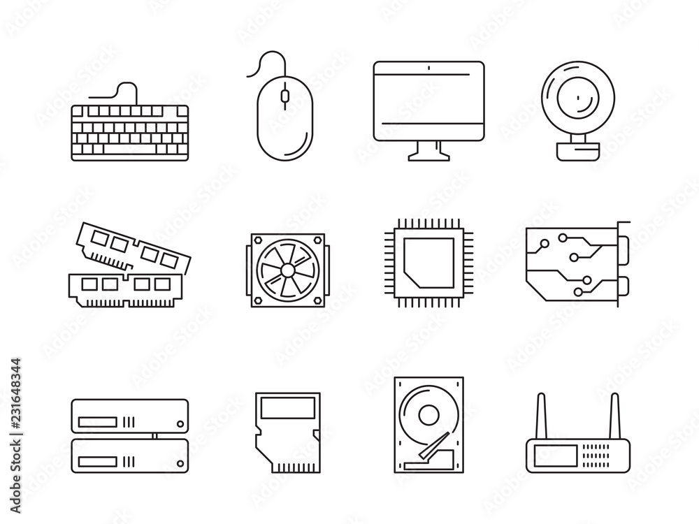 Poster pc components icons. processor ssd cpu power adapter ram memory and hdd linear vector symbols isolat