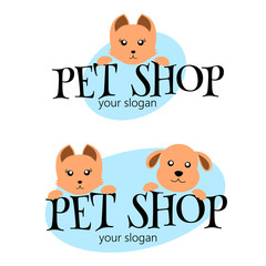 Vector logo design template for pet shops, veterinary clinics and animal shelters. Cartoon logo illustration. Vector logo template with cat and dog. Animal Care Logo.