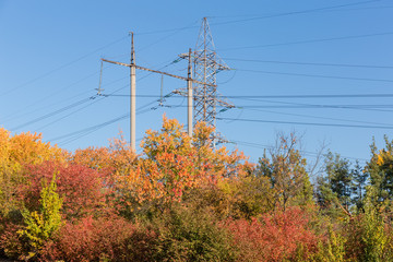 Different towers of overhead power lines over the autumn forest