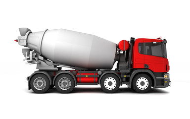 Right side view of concrete mixer truck isolated on white background. 3d illustration.