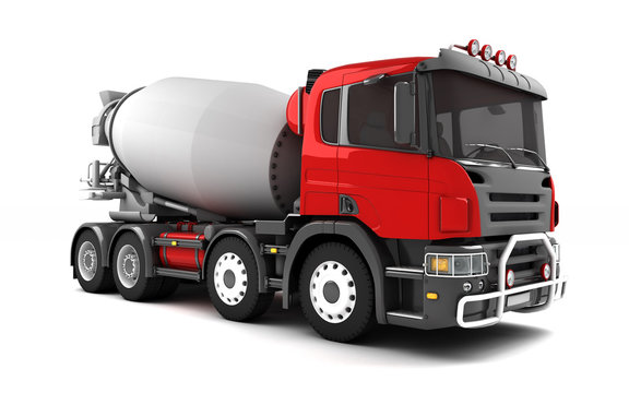 Front side view of concrete mixer truck isolated on white background. Right side view. Perspective. 3d illustration.