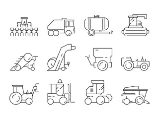 Farm vehicles. Tractor harvester buldozer village heavy machinery construction agriculture vector icons. Illustration of bulldozer and harvesting lorry, haymaking machine