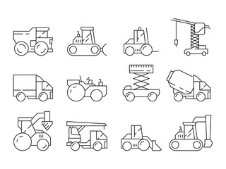 Construction machine. Bulldozer heavy truck crane harvester vehicle for building vector linear icons set. Illustration of construction truck, machine excavator, bulldozer machinery