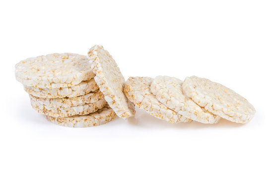 Round puffed rice crispbreads on a white background