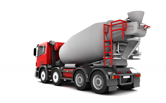 Rear view of concrete mixer truck isolated on white background. Left side. Perspective. 3d illustration.