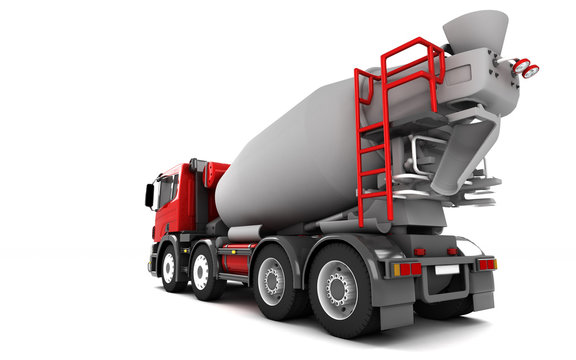 Rear view of concrete mixer truck isolated on white background. Wide angle. Left side. Perspective. 3d illustration.