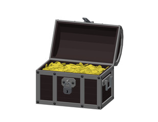 Opened wooden chest with golden coins. Isolated on white background.