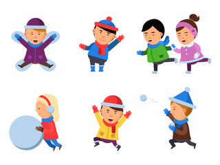 Winter kids clothes. Characters playing games in action poses cheering collection smile people snow boots cartoon flat mascots isolated. Happy boy, girl winter vacation, happiness holiday illustration