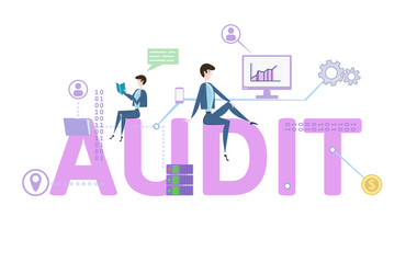 Audit word. Concept with people, letters and icons. Colored flat vector illustration on white background.