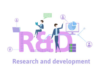 R and D, Research and Development. Concept with people, letters and icons. Colored flat vector illustration on white background.