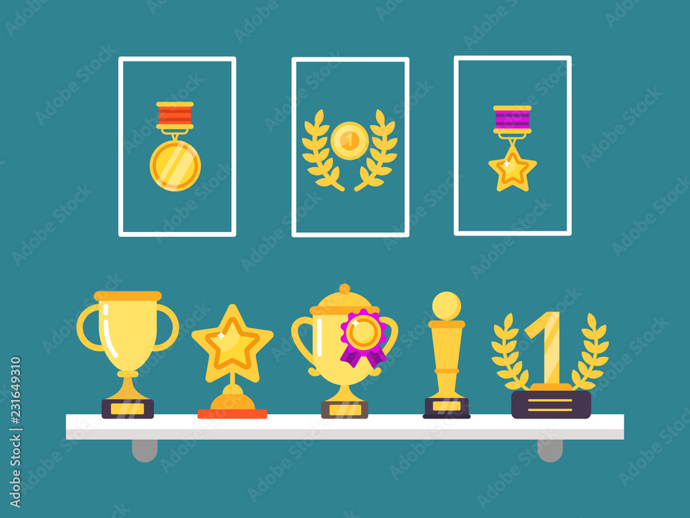 Sticker achievements on shelves. wall trophy golden cups and medals in frames for sport victory vector conce