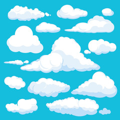 Fluffy cartoon clouds. Shine sky weather illustration panorama clean vector set isolated. Cloudscape and cloud nature fluffy in air