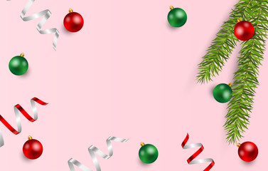 Christmas background with ball on pink  background, Copy space. Vector illustration
