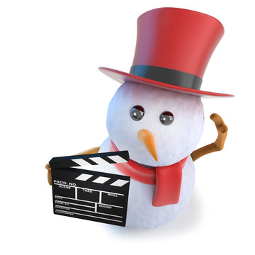 3d Funny cartoon snowman wearing a top hat and holding a flm slate clapperboard