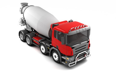 Front side view of concrete mixer truck isolated on white background. High angle view. Right side. Perspective. 3d illustration.