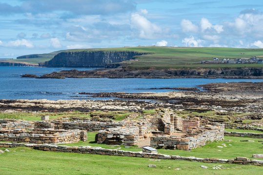 Settlement remains from an 11th century monastery, Brough of Birsay tidal island, Mainland, Orkney Islands, Scotland, Great Britain