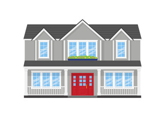 House exterior. Vector. Modern residential cottage. Home facade. Front view building with door, roof and windows in flat design. Townhouse apartment isolated on white background. Cartoon illustration.