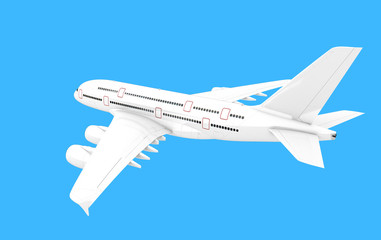 Airplane Airbus A380 isolated on blue background. Rear view from above. Left side view. Flying from right to left. 3D illustration.
