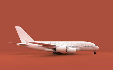 3D illustration of airplane Airbus A380 stands still isolated on red background. Right side view