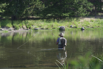 Fototapeta na wymiar Fisherman flyfishing in river of Montana state