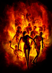 Burning zombies/ Illustration a crowd of zombies in fire