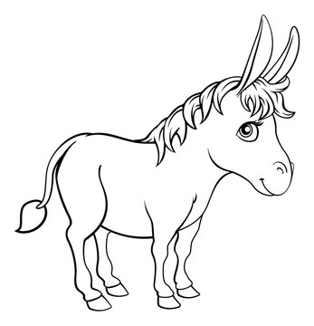 A donkey animal cute cartoon character black and white coloring illustration