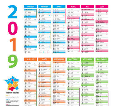 Calendrier 2019 complet 12 mois vacances scolaires lune multicolore