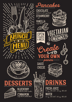 Brunch menu food template for restaurant with doodle hand-drawn graphic.