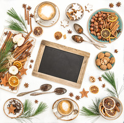 Christmas table decoration chalkboard cookies coffee Flat lay