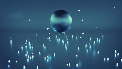 Blue glossy ball and sparkles abstract 3D render
