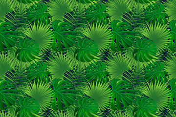 Tropical background. vector illustration. exotic leaves seamless pattern. Green tropic foliage. backgdrop with jungle plants, palms. Summer botanical design. Bright colors.
