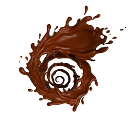 Liquid spinning twisted chocolate splash isolated on white background , 3d illustration.