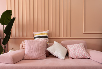 Cozy living room corner with pink sofa covered with comfprtable pink pillows on decorated wall background feature and artificial plant on the left side / cozy interior concept / decoration idea