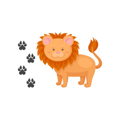 Cartoon icon of cute lion and his footprints. Wild African animal. Flat vector element for children book or mobile game