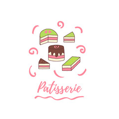 Set with different cakes and lettering. Vector illustration suitable for icons, templates, cafe and coffee shop menu.