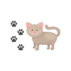 Funny cat and his footprints. Domestic animal. Home pet. Flat vector element for poster of zoo store or children book
