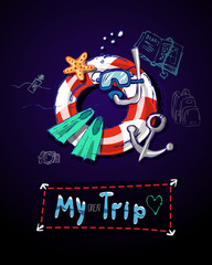 Summer beach holidays, ocean travel, sea trip. Card for summer time vacation. 
Vector hand drawn doodle set with sea summer objects.
Sketch cartoon illustration. Cute print, label, logo, sticker