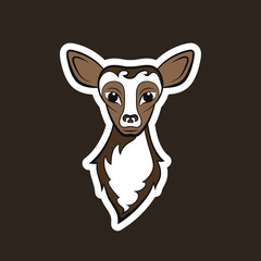 Head of a young deer. Drawing on a black background. Vector illustration sticker.