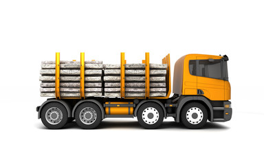 Right side view of timber truck isolated on white background. 3d illustration.