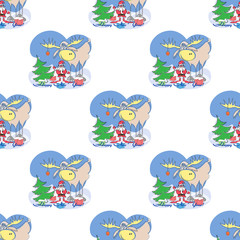 seamless pattern with santa, elk, gift and happy new year
